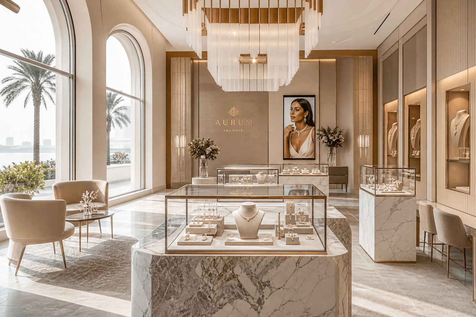 Jewellery boutique interior with warm display lighting