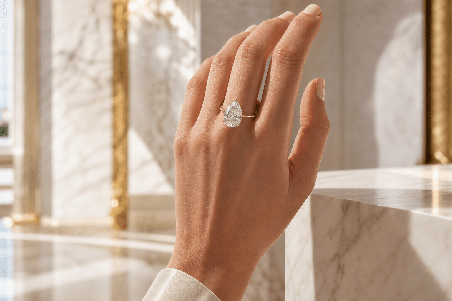 Wide cinematic hero — sculpted hands presenting diamond jewellery on silk champagne textile